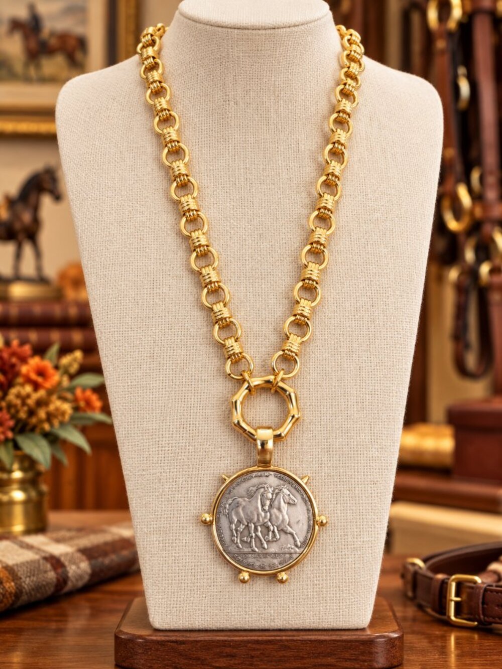 Gold Horse Medallion Necklace, Equestrian Statement Necklace, Two Tone Horse